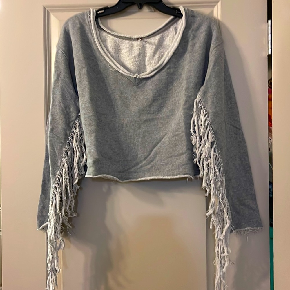 Free People Cropped Fringe Sleeve Sweatshirt Size XS